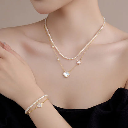 Colar de Trevo de Quatro Folhas em Madrepérola de Dupla Camada, Joia Empilhável de Design Simples e Luxuoso para Mulheres