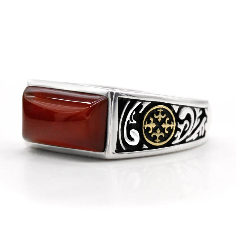 Novo Anel Masculino Retrô de Prata Esterlina 925 com Moeda Dourada e Ágata Vermelha Quadrada Curva, Joia de Moda Turca e do Oriente Médio