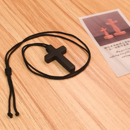 Colar com pingente de ébano crucifixo feito à mão, corda trançada de madeira, acessórios de personalidade, tricotados à mão
