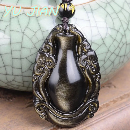 Pingente de Vaso de Obsidiana Fina, Colar Natural Preto e Dourado com Corrente de Pérolas, Joias de Moda para Casais
