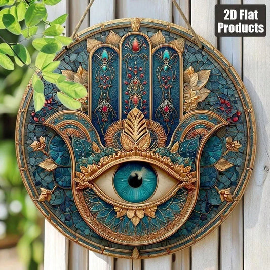Cuadro Hamsa Turquesa: Impresión Circular. Impresión decorativa plana con efecto visual de profundidad.