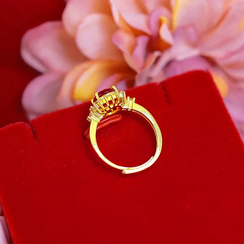 Anel de ouro 24k com granadas e cristal vermelho natural 9999, ajustável, joia feminina de ouro.