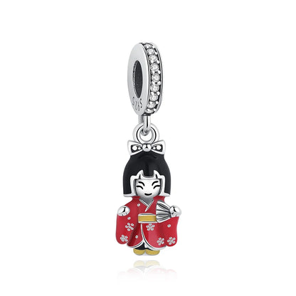 Charms Originais de Prata Esterlina 925, Pingente de Gato da Sorte, Boneca Japonesa, Presente de Ano Novo, Pulseiras e Colares para Mulheres, Joias