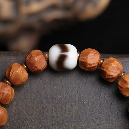 Pulseira de bodhi cor natural com contas de ágata de dente de tigre de laço único e pingente de osso de veado, acessório budista.