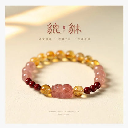 Pulseira de Quartzo Morango Natural com Pixiu e Contas de Citrino, Amuletos Artesanais, Joias da Moda, Presentes para Mulheres