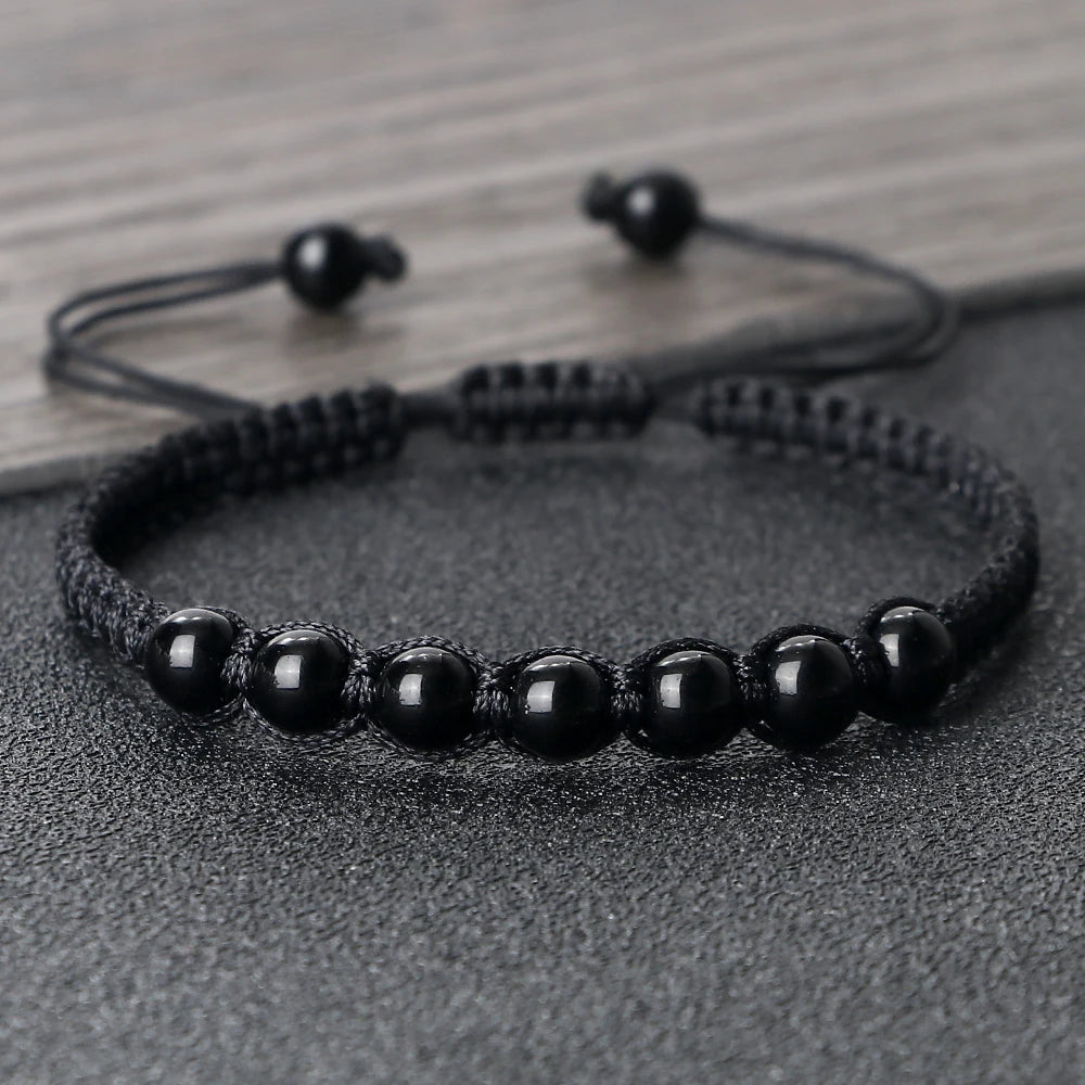 Homens pulseira preta pedra natural ônix lava frisado trançado pulseiras pulseiras corda ajustável corrente homme moda jóias artesanais