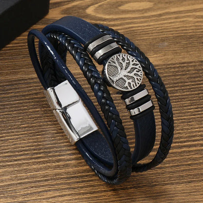 Clássico artesanal pulseiras de couro para homens sorte vida árvore charme em camadas manguito pulseira masculina mão jóias acessórios