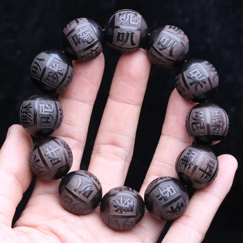 Natural ebony frisado tibetano budista pulseira 18mm 20mm masculino amuleto elástico