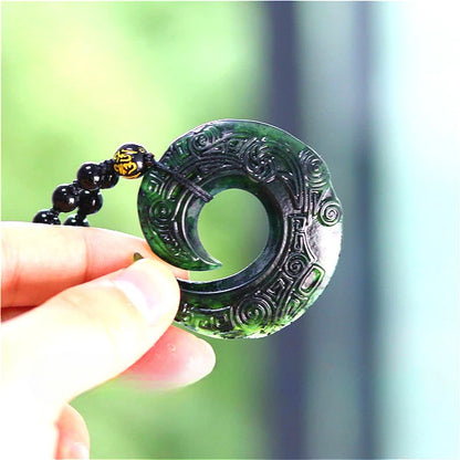 Chinês natural preto verde jade decorativo runa pingente contas colar charme jóias obsidiana dupla face esculpida amuleto presentes