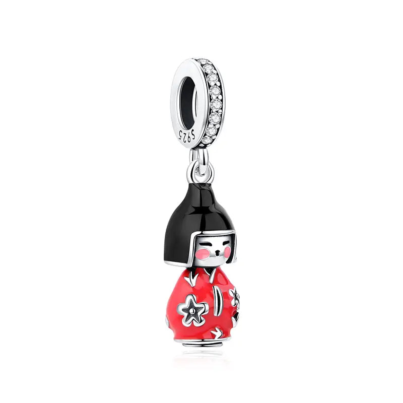 Charms Originais de Prata Esterlina 925, Pingente de Gato da Sorte, Boneca Japonesa, Presente de Ano Novo, Pulseiras e Colares para Mulheres, Joias