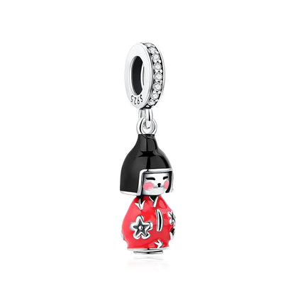 Charms Originais de Prata Esterlina 925, Pingente de Gato da Sorte, Boneca Japonesa, Presente de Ano Novo, Pulseiras e Colares para Mulheres, Joias