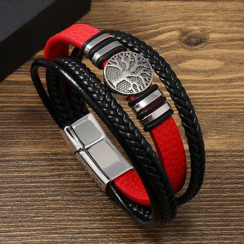 Pulseiras de couro feitas à mão para homens, pingente de árvore da vida da sorte, punk, em camadas, pulseira masculina, acessórios de joias de mão