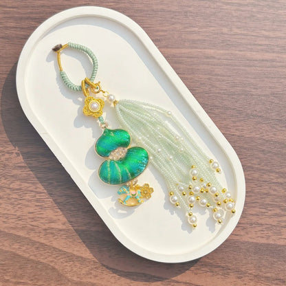 Pingente de Cabaça Auspiciosa Chinesa Artesanal com Bordado de Brocado Song e Borla de Contas, Charm para Bolsa e Enfeite para Carro, para Boa Sorte e Fortuna