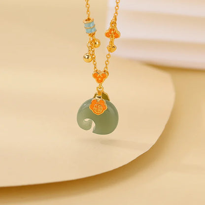 Colar de Elefante Auspicioso Ruyi em Jade Verde Esmaltado, Prata Esterlina S925 Natural Hetian, Prosperidade Instantânea