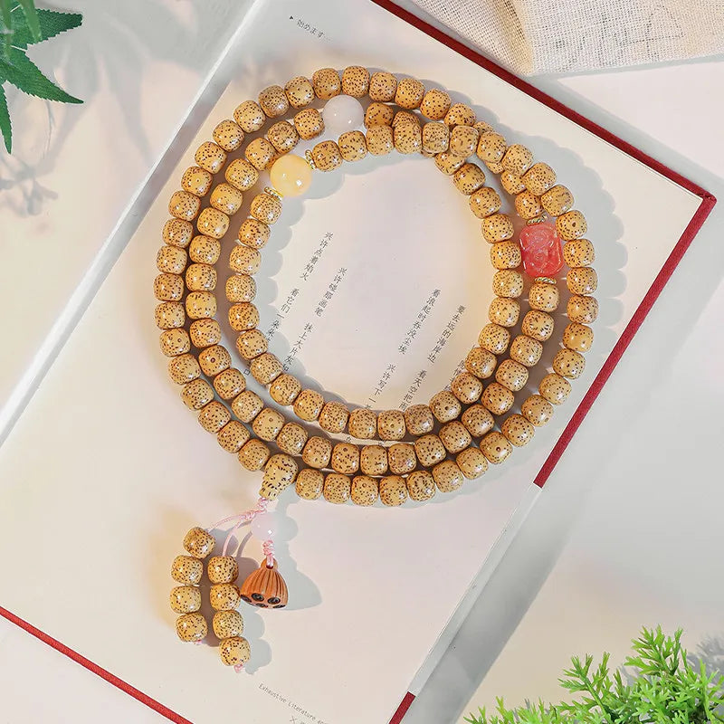 Pulseira de Contas 108 Sementes de Bodhi Douradas Naturais Envelhecidas Estrela e Lua, Contas de Oração Wenwan Mala para Homens e Mulheres, Joia para Alívio do Estresse, Presente