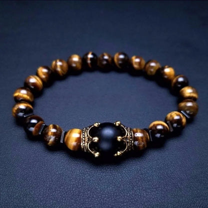 Nova Pulseira Masculina de Moda com Coroa, Contas de Pedra Natural, Olho de Tigre, Lava e Lápis Lazúli