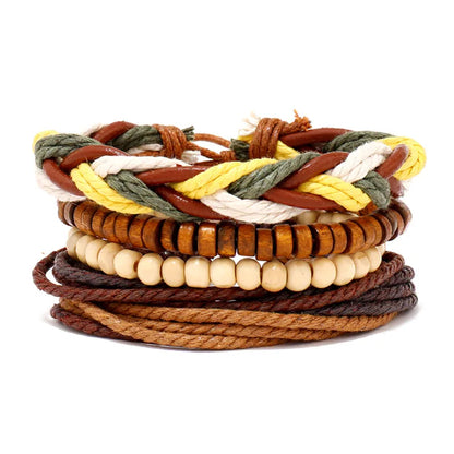 Pulseira de couro boêmio masculina, pulseira tecida à mão, pulseira de contas de madeira para homens, pulseira com pingente, joias masculinas