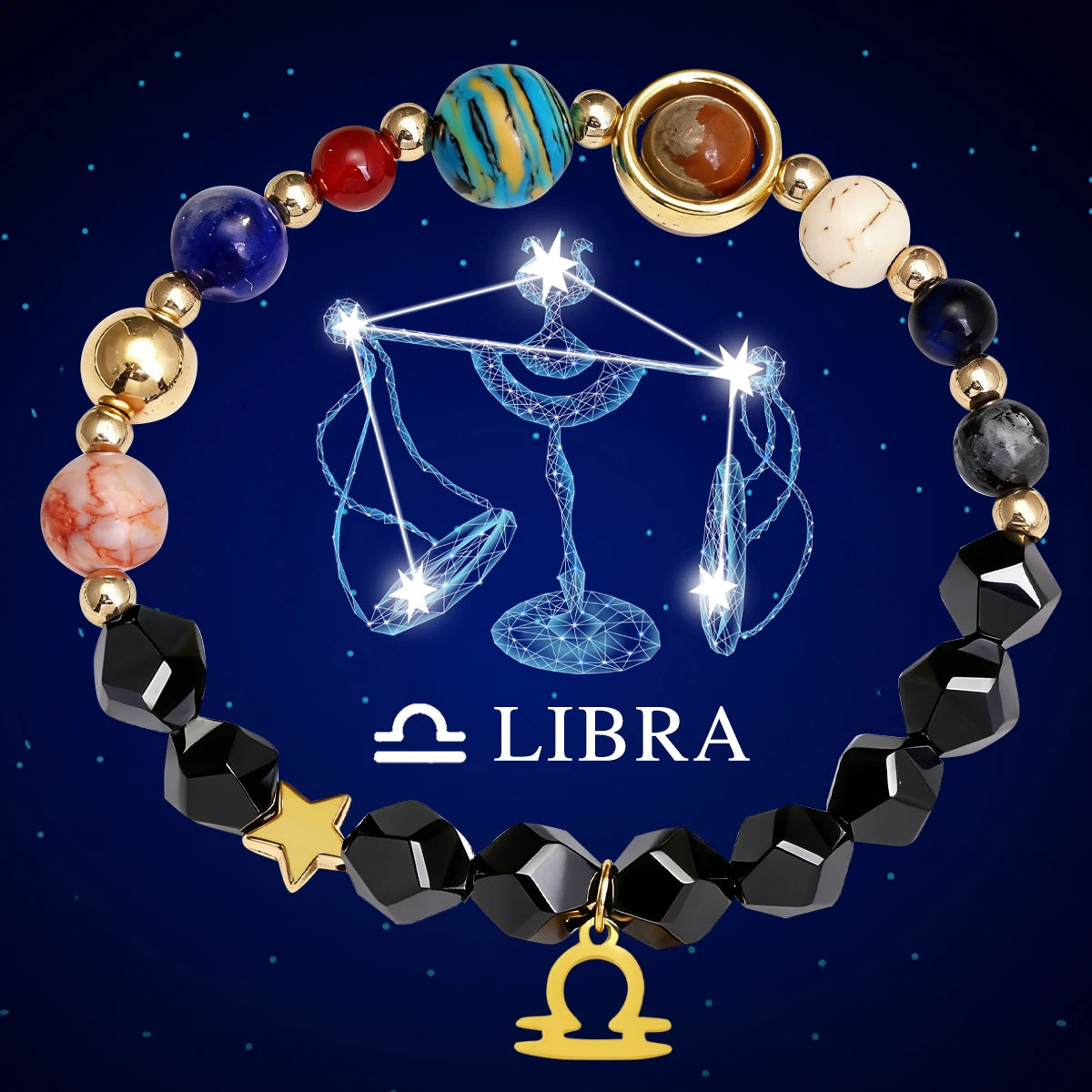 Pulseira do Sistema Solar com 12 Constelações, Pulseira de Pedra Natural, Pulseira de Pedra Preta, Design Planetário, Moda para Uso Diário