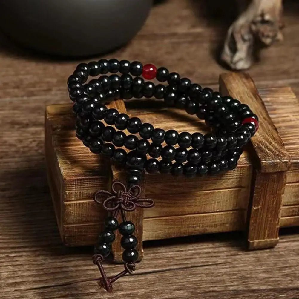 Terço de Contas Budistas de Sândalo Vermelho Estilo Chinês com Folha Pequena, Pulseira e Colar de Contas Multicamadas com Laca para Homens e Mulheres