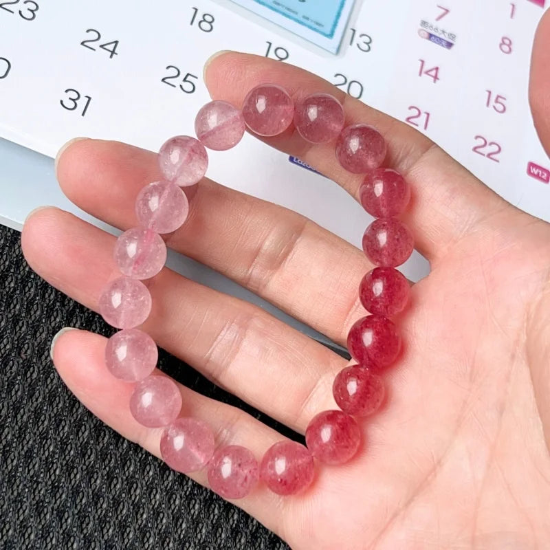 Pulseira de Cristal Natural Original de Quartzo Morango Gradiente Rosa com Contas Redondas para Mulheres, Ideal para Presente com Certificado