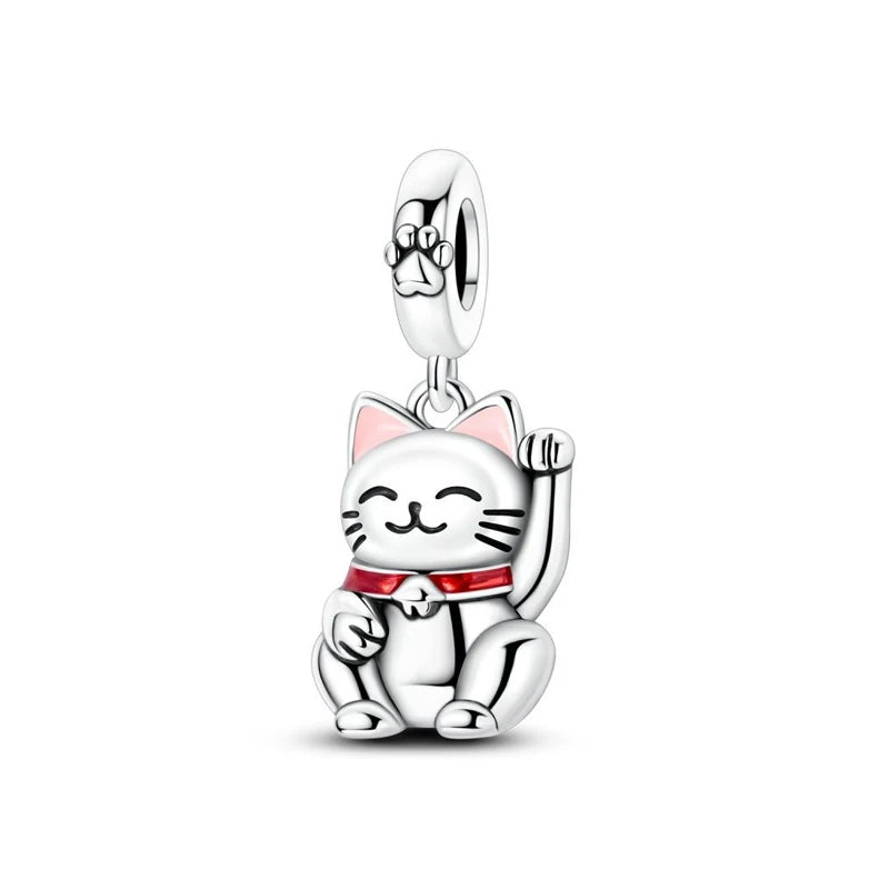 Charms Originais de Prata Esterlina 925, Pingente de Gato da Sorte, Boneca Japonesa, Presente de Ano Novo, Pulseiras e Colares para Mulheres, Joias