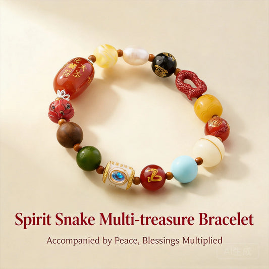 Nova Pulseira da Sorte Multi-Trejo Estilo Chinês 2026 Ano da Serpente com Ágata Natural, Bodhi, Cinábrio e Pérolas - Amuleto da Sorte