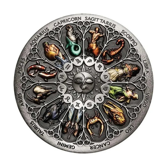 Moneda Rueda Celeste: Zodiaco. Diseño y acabado de la pieza mostrada.