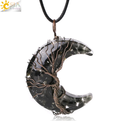 CSJA-Cristal Natural Colar de Pingentes, Lua Crescente Árvore da Vida, Quartzo Rosa, Natural Pedra Chip, Talão Pingentes de Resina, Jóias H151