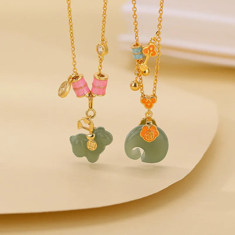 Colar de Elefante Auspicioso Ruyi em Jade Verde Esmaltado, Prata Esterlina S925 Natural Hetian, Prosperidade Instantânea