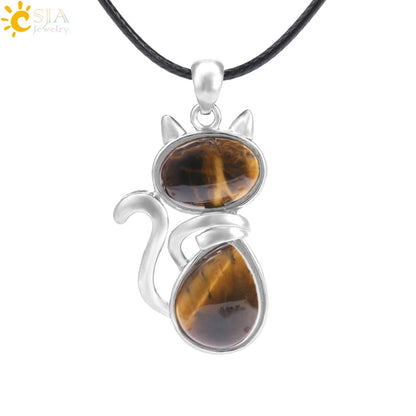 CSJA Reiki Colares de Pedra Natural Pingentes de Quartzo Rosa para Mulheres Menina Bonito Forma de Gato Rocha Preto Onyx Contas Corrente Jóias F066