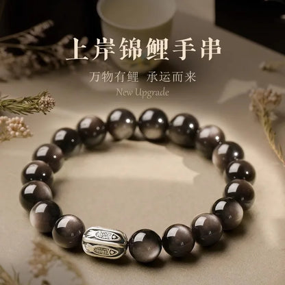 Pulseira de prata S999 com obsidiana prateada, estilo chinês, com motivo de carpa koi da sorte, para o Ano do Dragão, que traz bênçãos e prosperidade, unissex, presente para casais.