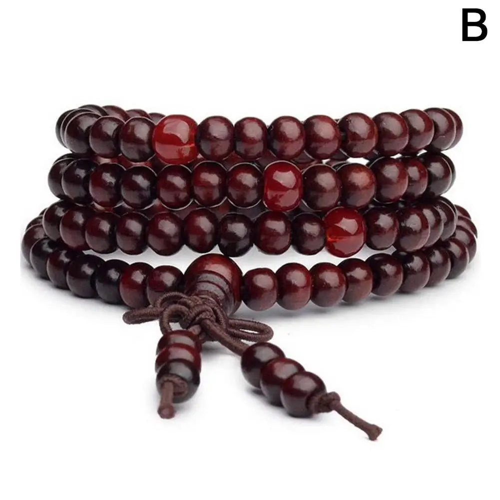 Terço de Contas Budistas de Sândalo Vermelho Estilo Chinês com Folha Pequena, Pulseira e Colar de Contas Multicamadas com Laca para Homens e Mulheres