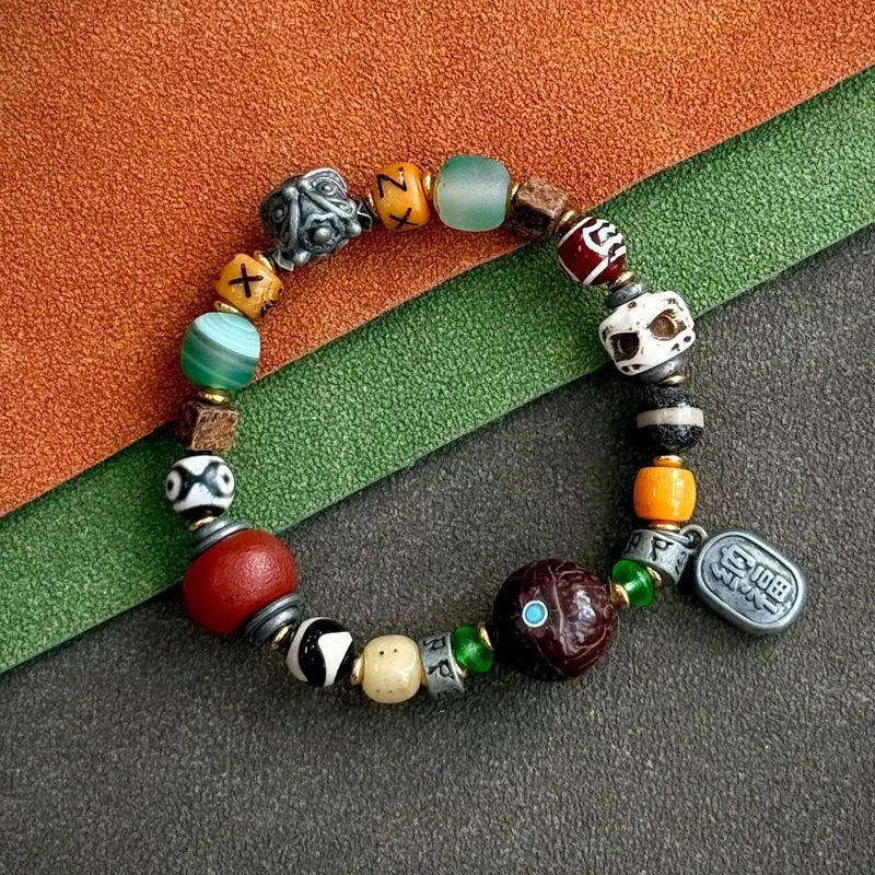 Pulseira de Bênção Estilo Tibetano Tradicional com Osso de Yak, Osso de Camelo, Conta Dzi, Turquesa, Ágata, Estrela, Lua e Bodhi - Joia da Sorte e Fortuna