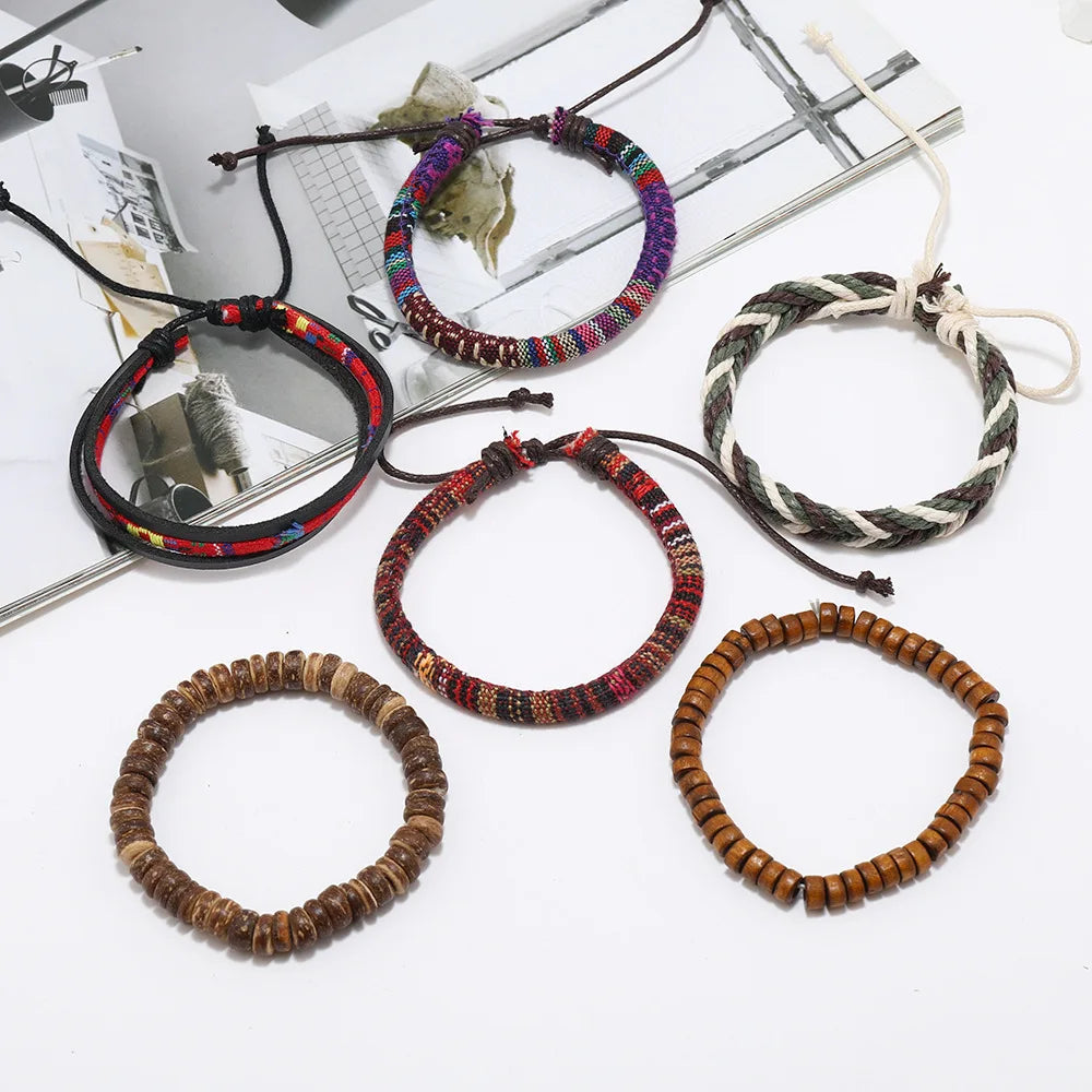 Pulseira de couro boêmio masculina, pulseira tecida à mão, pulseira de contas de madeira para homens, pulseira com pingente, joias masculinas