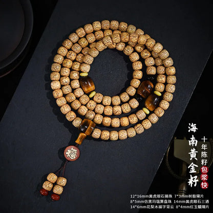 Pulseira de Contas 108 Sementes de Bodhi Douradas Naturais Envelhecidas Estrela e Lua, Contas de Oração Wenwan Mala para Homens e Mulheres, Joia para Alívio do Estresse, Presente