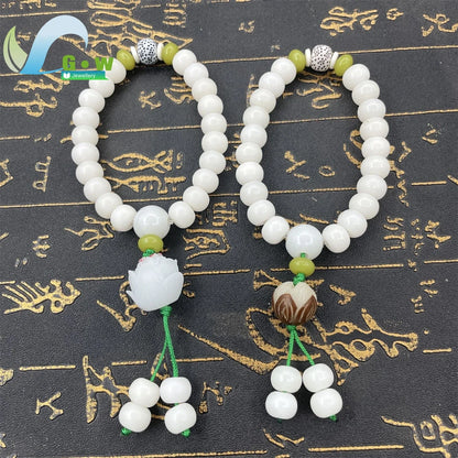 Pulseira Budista de Sementes Bodhi de Jade Branco Natural Ajustável com Contas de Lótus, Joia de Meditação Zen, Presente Artesanal Espiritual para Homens e Mulheres