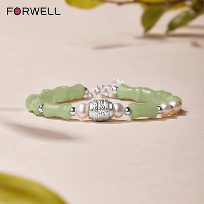 Pulseira de Prata Esterlina de Alta Qualidade com Pérola Natural e Jade Hetian em Forma de Nó de Bambu para Mulheres, Presente de Joalheria