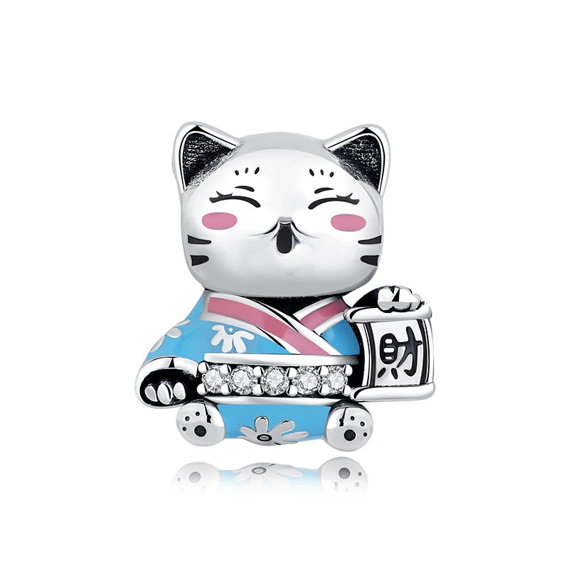 Pingentes de Prata Esterlina 925 Gato da Sorte Ano Novo Chinês Contas para Pulseiras e Colares Femininos Joias