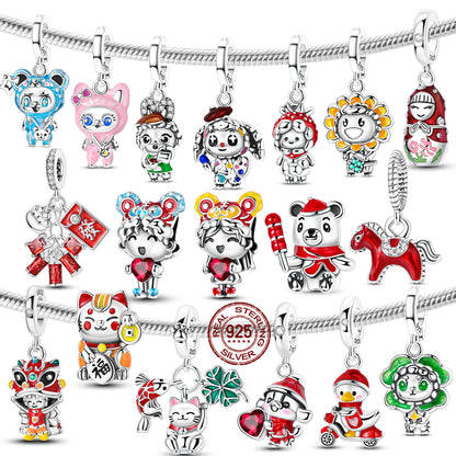Original 925 prata esterlina encantos grânulo china ano novo vermelho encantos nova boneca pingente fecho aberto caber multi estilo pulseira original