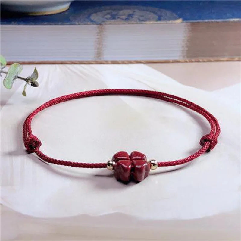 Cinábrio sorte trevo de quatro folhas corda vermelha frisado pulseiras para mulheres homens artesanal trançado vermelho preto corda sorte pulseira jóias