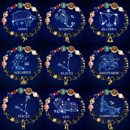Pulseira do Sistema Solar com 12 Constelações, Pulseira de Pedra Natural, Pulseira de Pedra Preta, Design Planetário, Moda para Uso Diário
