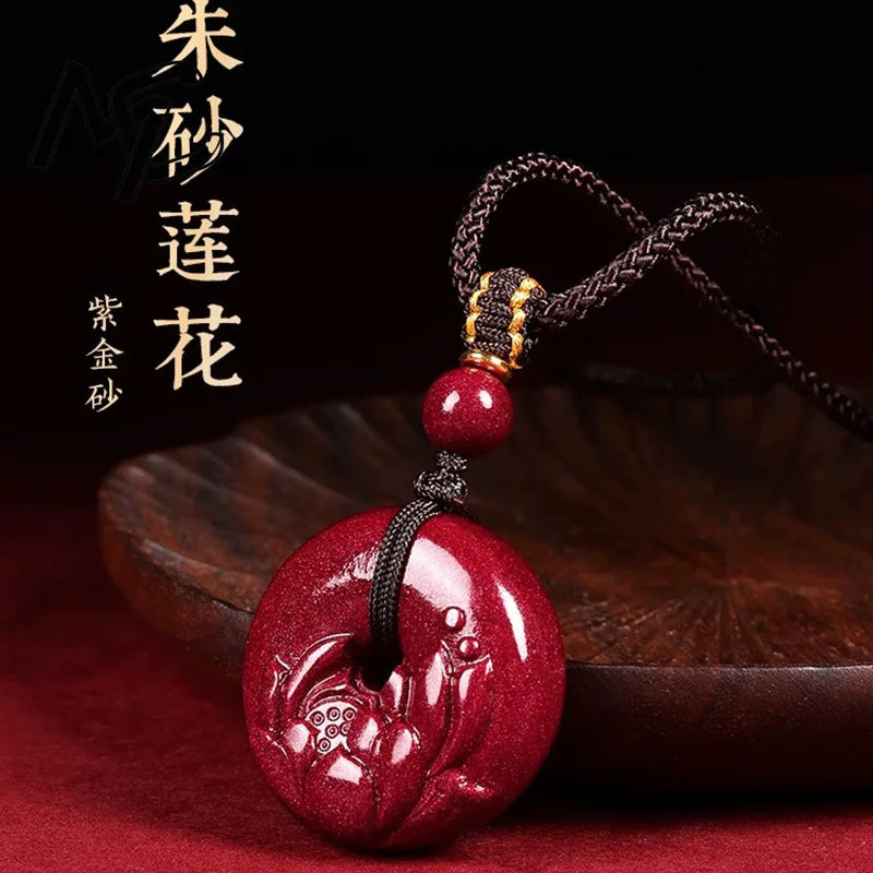 Moda vermelho cinábrio jade lótus fivela de segurança pingente colar jóias chinês mão-esculpida cura moda feminina sorte presente
