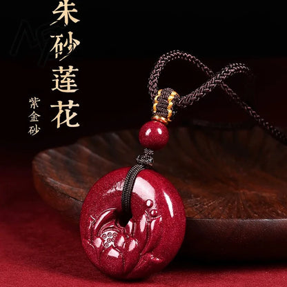 Moda vermelho cinábrio jade lótus fivela de segurança pingente colar jóias chinês mão-esculpida cura moda feminina sorte presente
