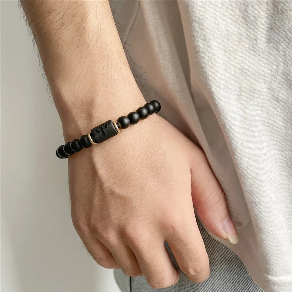 Zodiac Frisado Pulseiras para Homens e Mulheres, 12 Constelações, Ágata Matte Preto, Corda Elástica, Contas Pulseira, Casal Jóias, Presentes