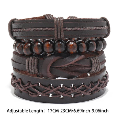 Pulseira de couro boêmio masculina, pulseira tecida à mão, pulseira de contas de madeira para homens, pulseira com pingente, joias masculinas