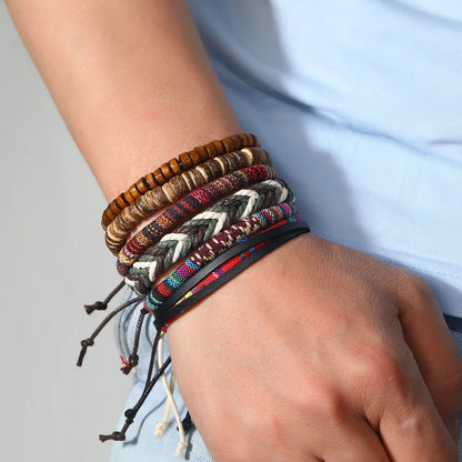Pulseira de couro boêmio masculina, pulseira tecida à mão, pulseira de contas de madeira para homens, pulseira com pingente, joias masculinas