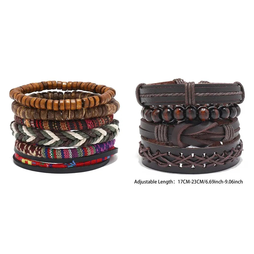 Pulseira de couro boêmio masculina, pulseira tecida à mão, pulseira de contas de madeira para homens, pulseira com pingente, joias masculinas