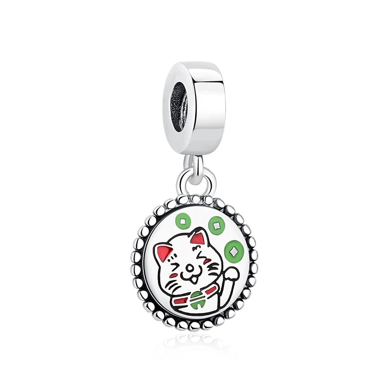 Charms Originais de Prata Esterlina 925, Pingente de Gato da Sorte, Boneca Japonesa, Presente de Ano Novo, Pulseiras e Colares para Mulheres, Joias