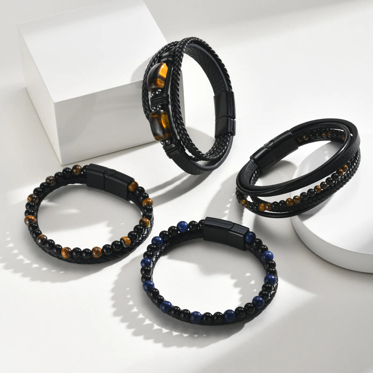 Pulseira de Couro Trançada Multicamadas Vnox para Homens, com Pérolas de Olho de Tigre e Lápis-Lazúli, Fecho Magnético, Joia Masculina Moderna para Presente