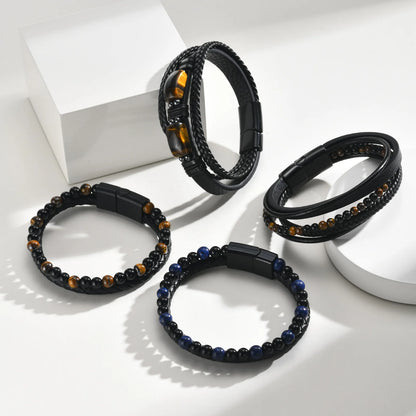 Pulseira de Couro Trançada Multicamadas Vnox para Homens, com Pérolas de Olho de Tigre e Lápis-Lazúli, Fecho Magnético, Joia Masculina Moderna para Presente